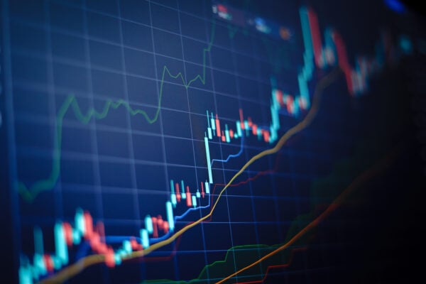 Closeup financial chart with uptrend line candlestick graph in s