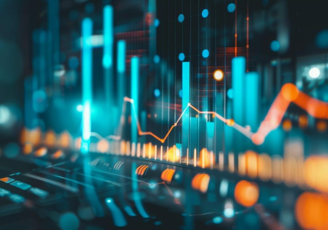 Analytical scrutiny of glowing stock graphs a close up on investment research and trends